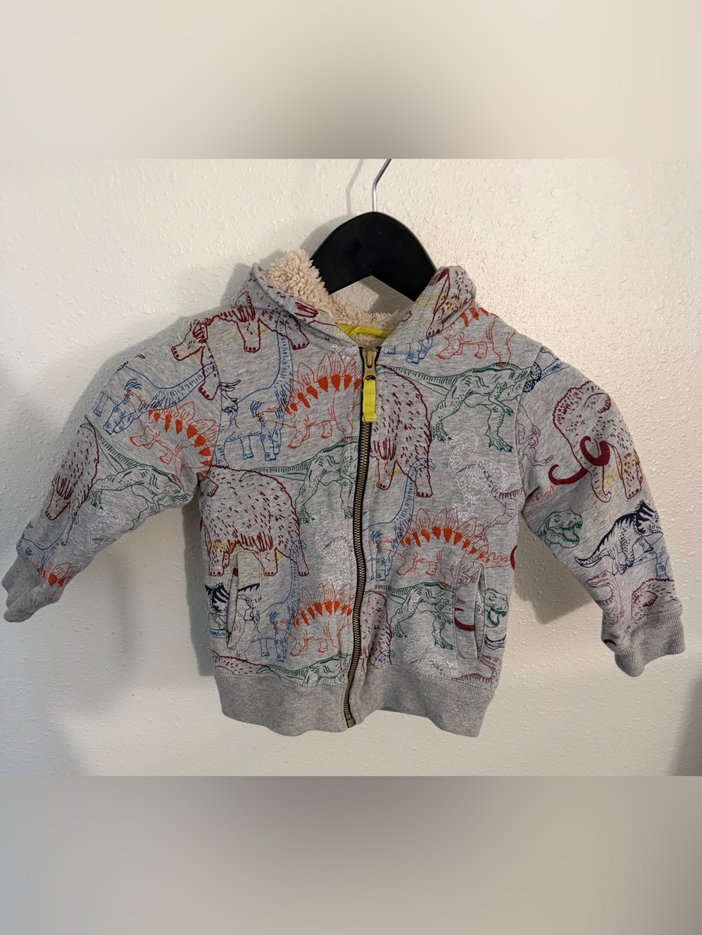 Mini Boden Kids’ Gray Dinosaur Print Zip-Up Sherpa-Lined Hoodie Size 2-3Y
